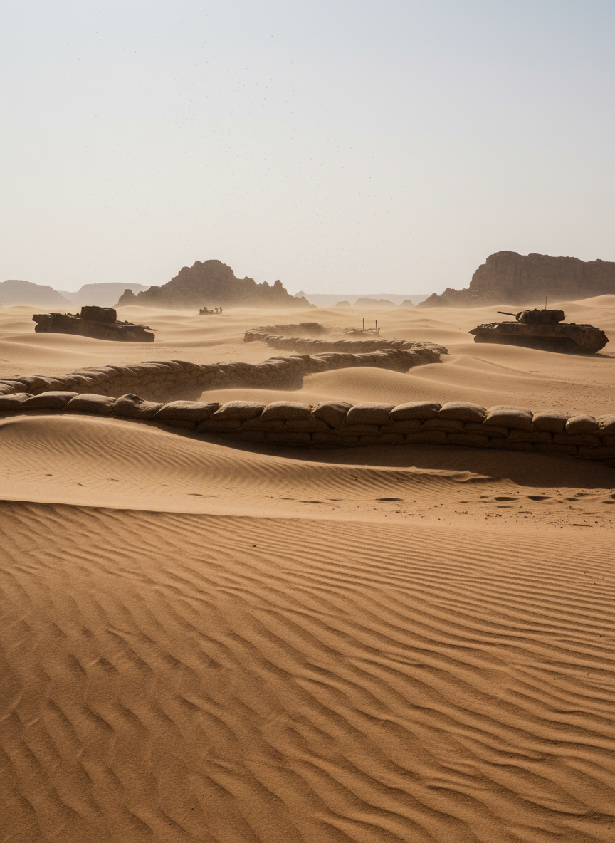 A vividly detailed desert battlefield scene at midday, photographed from an eye-level, slightly wide-angle perspective, showing a line of sandbag fortifications nearly swallowed by shifting dunes. Fine sand is captured mid-air in a faint, swirling sandstorm, partially obscuring distant rocky outcrops and rusted armored vehicle hulls. The harsh, overhead sun casts sharp, high-contrast shadows at the base of dunes and around the jagged shapes of abandoned equipment, while the sky appears pale, bleached, and hazy. Warm, golden-brown tones dominate, with the texture of rippled sand and wind-sculpted ridges in razor-sharp focus in the foreground. The mood is oppressive and tense, underscoring how heat and sandstorms complicate warfare. Clean, professional photographic realism and balanced composition support an educational exploration of weather’s role in desert campaigns.