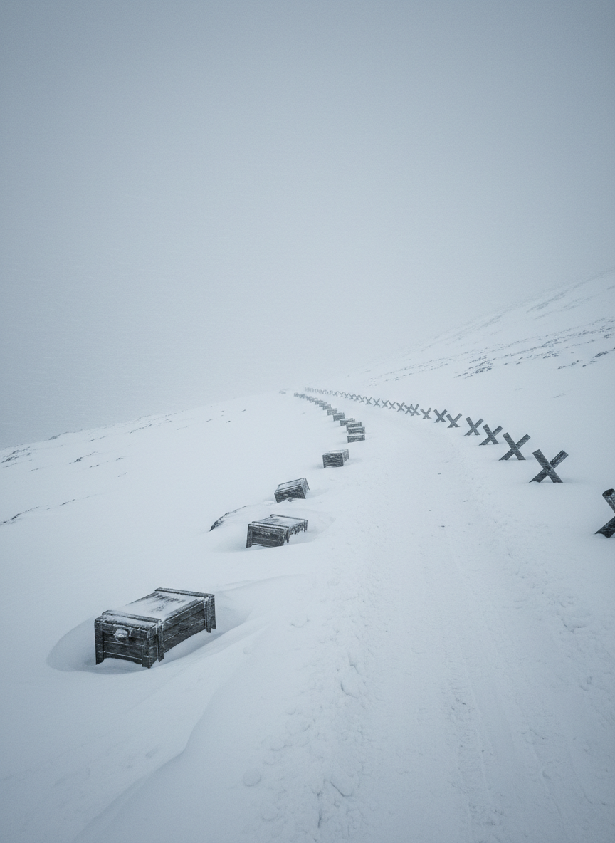 A snow-covered mountain pass rendered in crisp photographic realism, captured from a high, slightly aerial angle, showing a narrow, winding supply road nearly buried by thick drifts. Frozen wooden supply crates, half-submerged in snow, lie abandoned beside the path, while a line of simple, weather-beaten barricades disappears into a whiteout in the distance. The sky is an oppressive, flat pale gray, with fine snow blowing horizontally, streaked across the frame. Cold, bluish daylight creates a stark, desaturated palette, with subtle shadows forming around drifts and objects. The atmosphere is harsh and unforgiving, highlighting how blizzards can stall or destroy logistics. Composition uses leading lines of the road to draw the viewer’s eye into the storm, reinforcing a serious, professional educational mood.