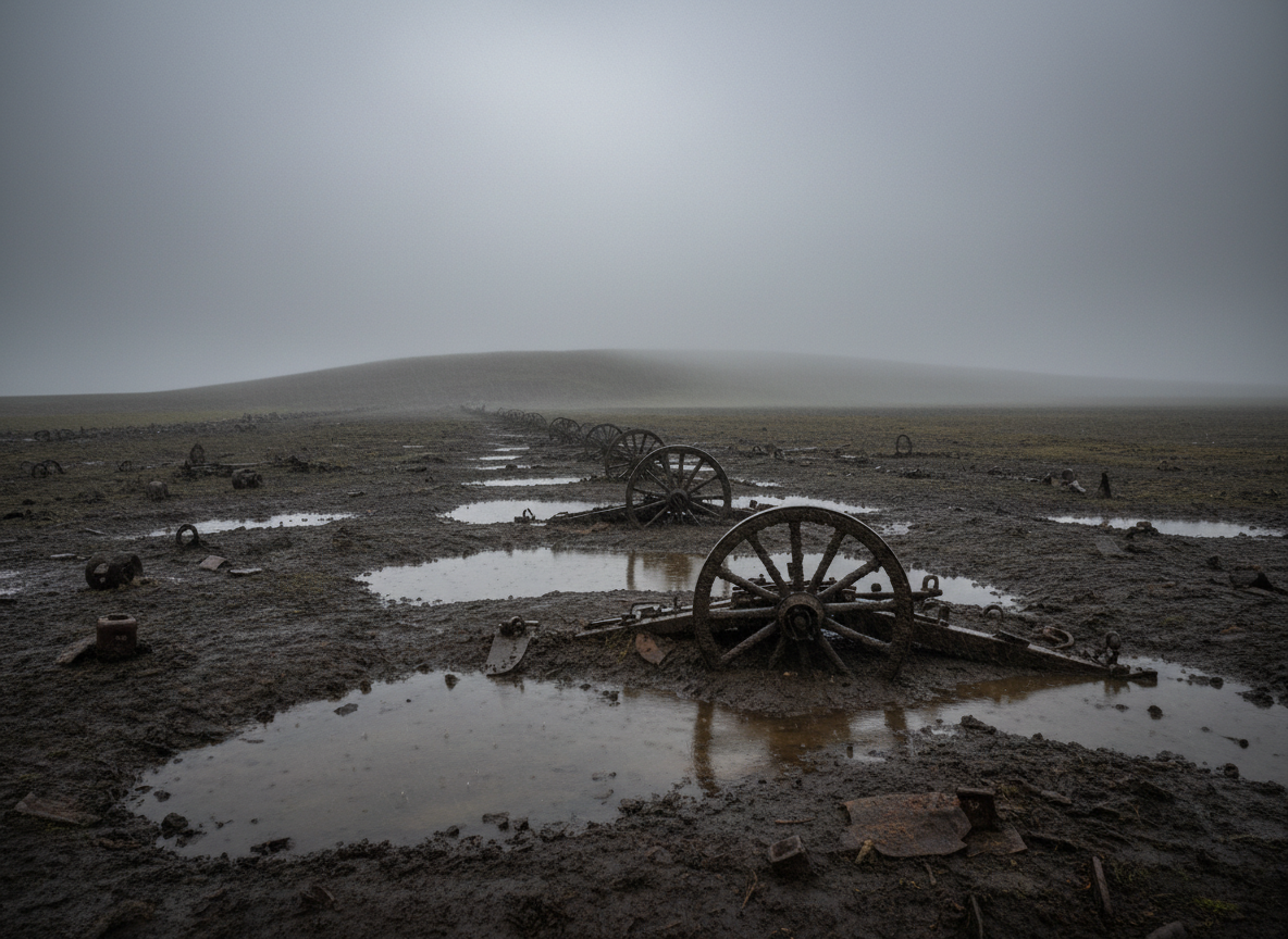 A lonely battlefield landscape photographed from a low, eye-level perspective, showing a muddy, churned-up field covered in deep puddles reflecting a brooding, overcast sky. A line of abandoned, mud-splattered artillery wheels and rusted metal fragments stretches toward a distant, fog-softened ridgeline. Fine drizzle streaks the air, captured as faint motion blur, while diffused gray light flattens harsh contrasts and emphasizes the wet sheen on soil and metal. The atmosphere is somber and contemplative, suggesting how storms and rain halted advances. The composition follows the rule of thirds, with the broken equipment leading the eye into the misty horizon. Photographic realism, muted color palette, and high detail reinforce a serious, educational tone about weather’s quiet power in war.