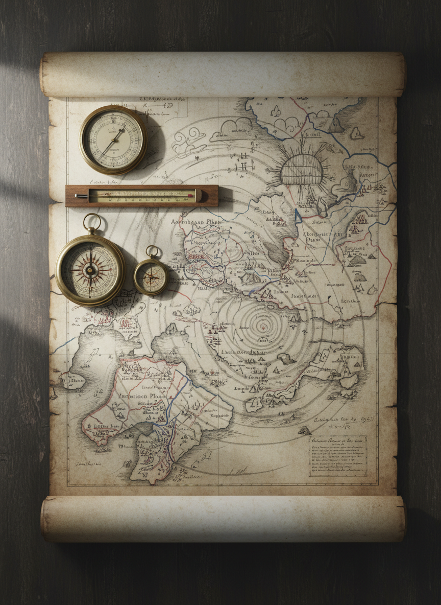A detailed top-down photographic view of a large, antique campaign map spread across a dark wooden war table, with troop positions marked in faded red and blue ink and weather patterns overlaid in swirling charcoal-gray pencil. Along the map’s edges lie brass compasses, a tarnished barometer, and a narrow thermometer with tiny mercury beads. Diffused overcast light from a nearby unseen window casts soft, cool illumination, creating subtle reflections on the brass and gentle shadows in the map’s creases. The mood is analytical and contemplative, emphasizing strategy. Shot with sharp focus across the frame, using a centered yet slightly asymmetrical composition. The overall style is clean, professional photographic realism, highlighting the intersection of meteorology and military planning without any human presence.