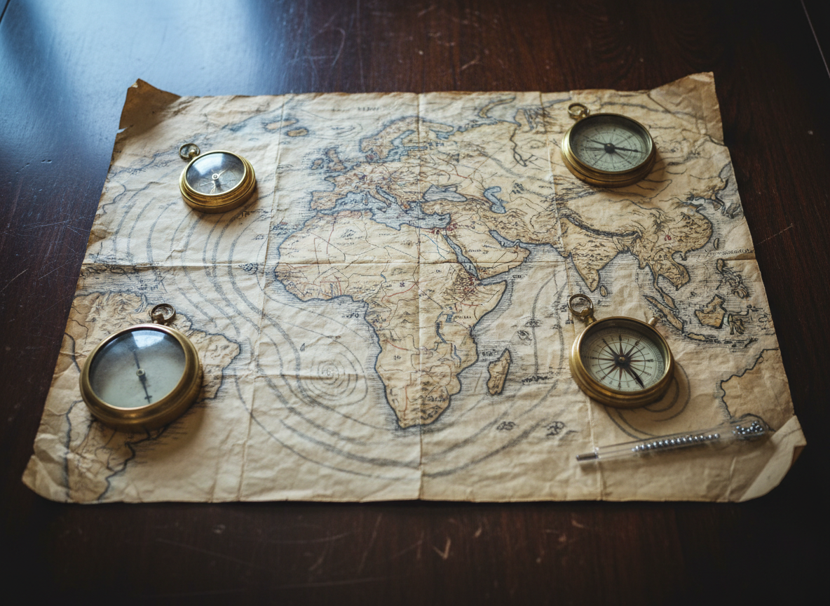 A detailed top-down photographic view of a large, antique campaign map spread across a dark wooden war table, with troop positions marked in faded red and blue ink and weather patterns overlaid in swirling charcoal-gray pencil. Along the map’s edges lie brass compasses, a tarnished barometer, and a narrow thermometer with tiny mercury beads. Diffused overcast light from a nearby unseen window casts soft, cool illumination, creating subtle reflections on the brass and gentle shadows in the map’s creases. The mood is analytical and contemplative, emphasizing strategy. Shot with sharp focus across the frame, using a centered yet slightly asymmetrical composition. The overall style is clean, professional photographic realism, highlighting the intersection of meteorology and military planning without any human presence.