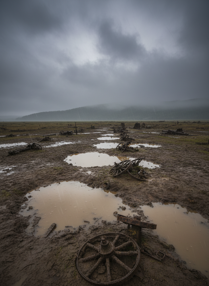 A lonely battlefield landscape photographed from a low, eye-level perspective, showing a muddy, churned-up field covered in deep puddles reflecting a brooding, overcast sky. A line of abandoned, mud-splattered artillery wheels and rusted metal fragments stretches toward a distant, fog-softened ridgeline. Fine drizzle streaks the air, captured as faint motion blur, while diffused gray light flattens harsh contrasts and emphasizes the wet sheen on soil and metal. The atmosphere is somber and contemplative, suggesting how storms and rain halted advances. The composition follows the rule of thirds, with the broken equipment leading the eye into the misty horizon. Photographic realism, muted color palette, and high detail reinforce a serious, educational tone about weather’s quiet power in war.